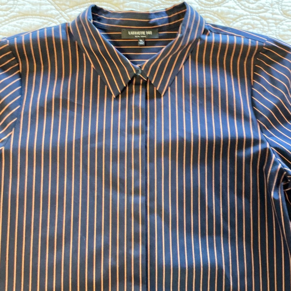 Lafayette 148 NY Button Down Shirt Navy Blue w/ Orange Stripes Women’s XL